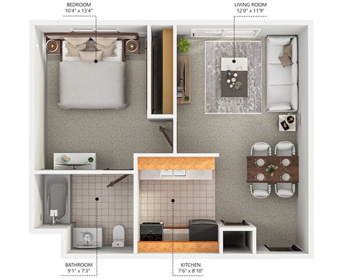 Floor plan for 1 bed, 1 bath, 650 sqft